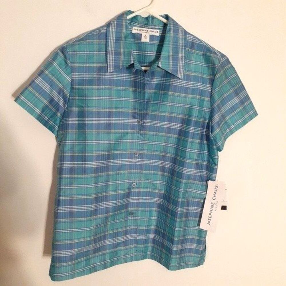 silk shirt josephine chaus studio blouse top blue green plaid women's 6 s m new